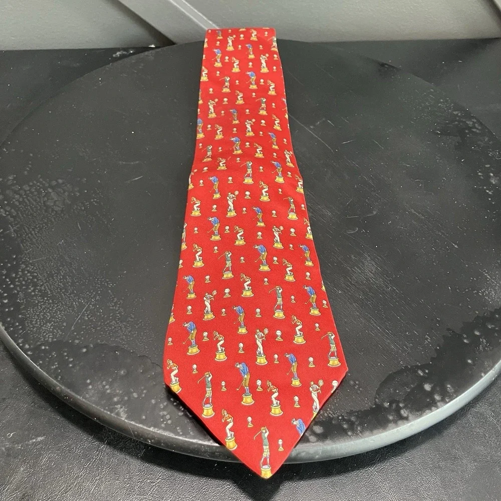 Salvatore Ferragamo Silk Necktie Red Golf Player Trophy Novelty Print Made Italy